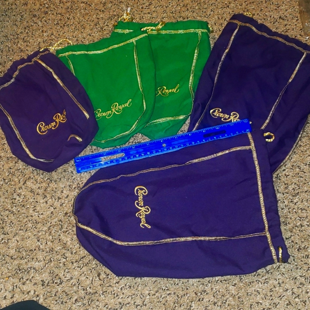 5 Crown Royal bags, purple and green
